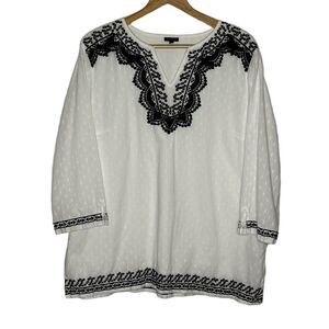 Talbots Women's White 3/4 Sleeve Black Embroidery Tunic Top Cotton Lined Size XL